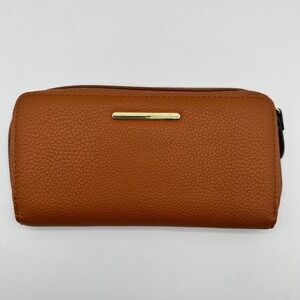 Brown Faux Leather Zip Around Wallet Clutch with Card Slots‎ & Coin Pouch
